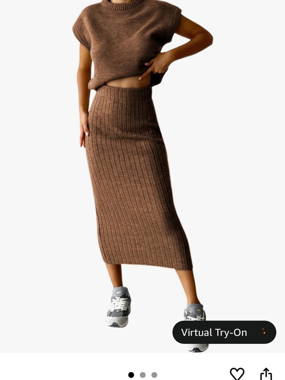 SET - High-Rise Ribbed Midi Skirt and knit top in Brown